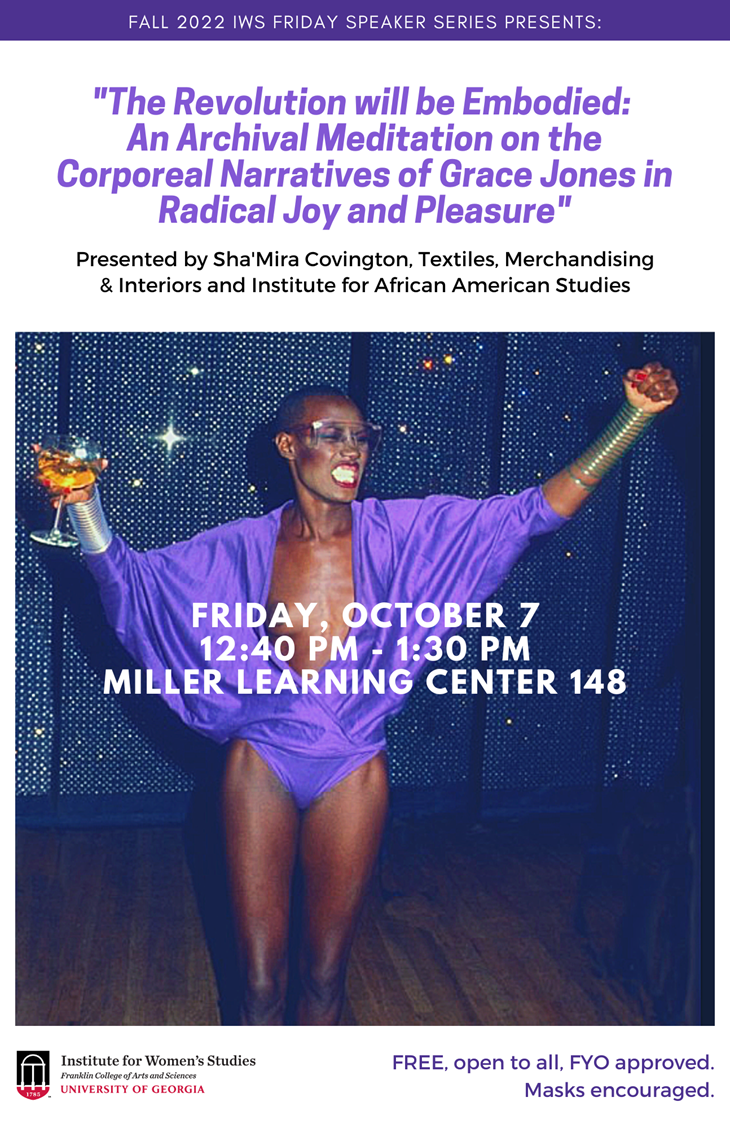 Poster for Covington's talk on Grace Jones for IWS in October 2022